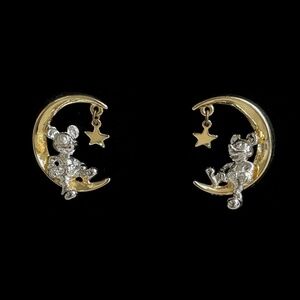 Disney Mickey Mouse Sitting on the Moon Earrings, Gold/Silver Tone, Vintage EUC
